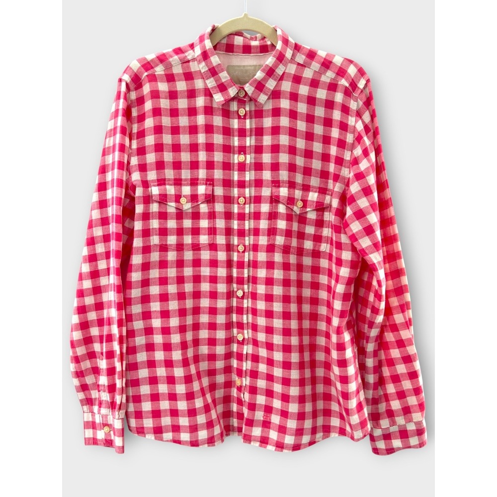 Banana Republic Soft Wash Shirt XL Pink White Gingham Linen Cotton Button Up